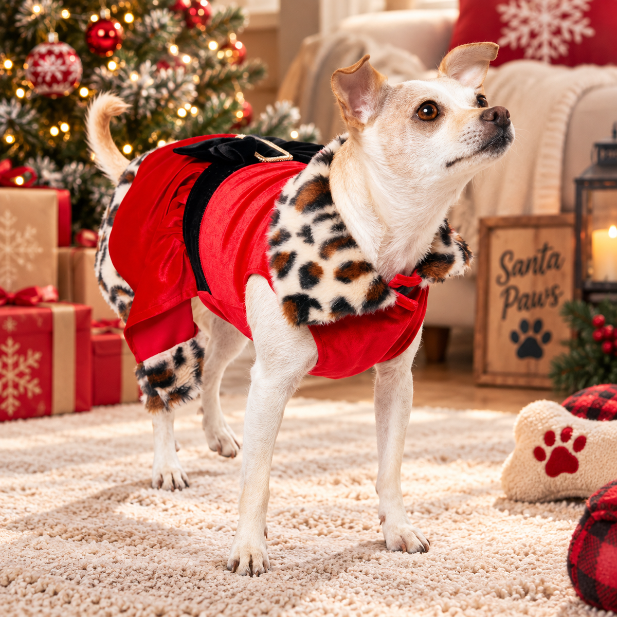 Festive Leopard Trim Dog Dress