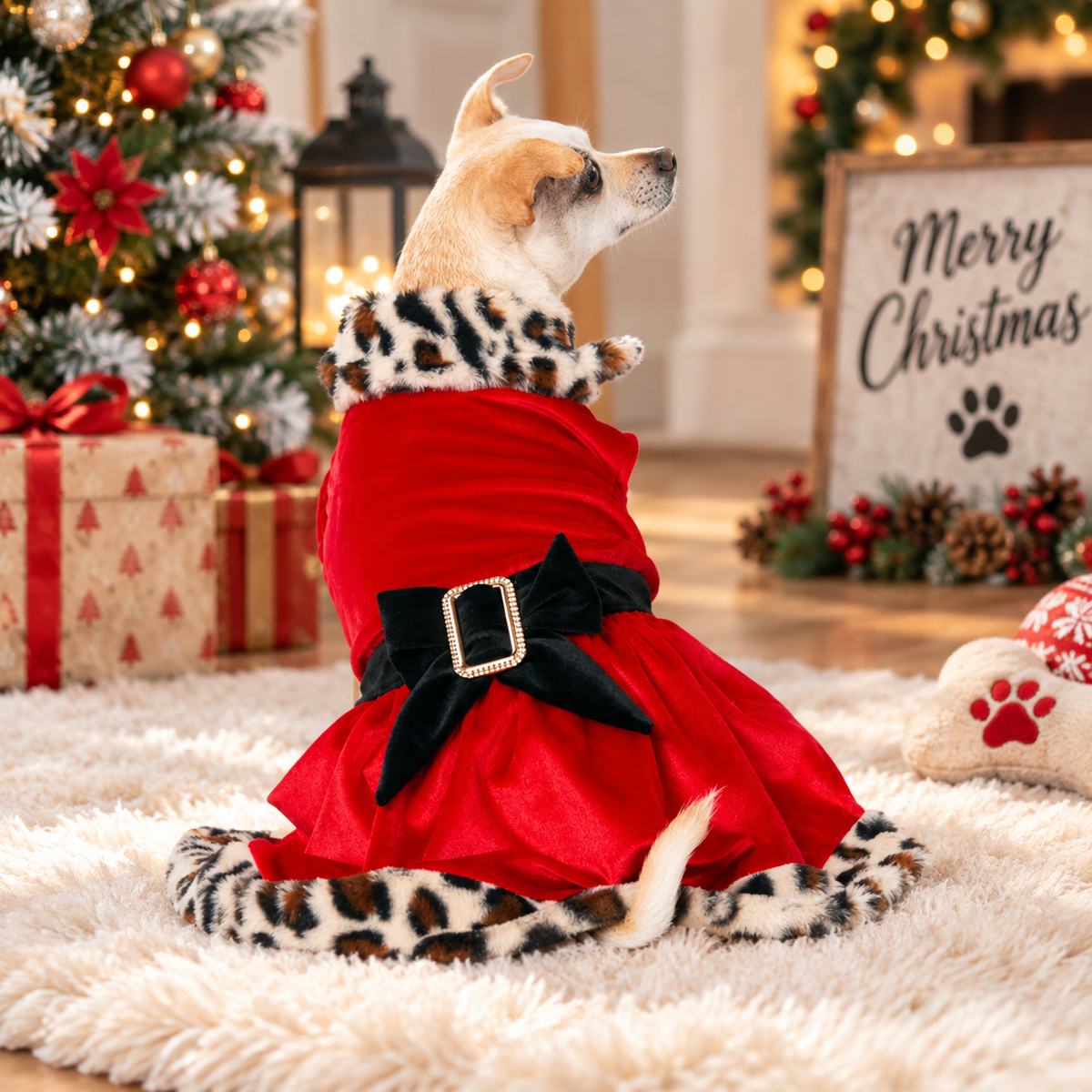 Festive Leopard Trim Dog Dress